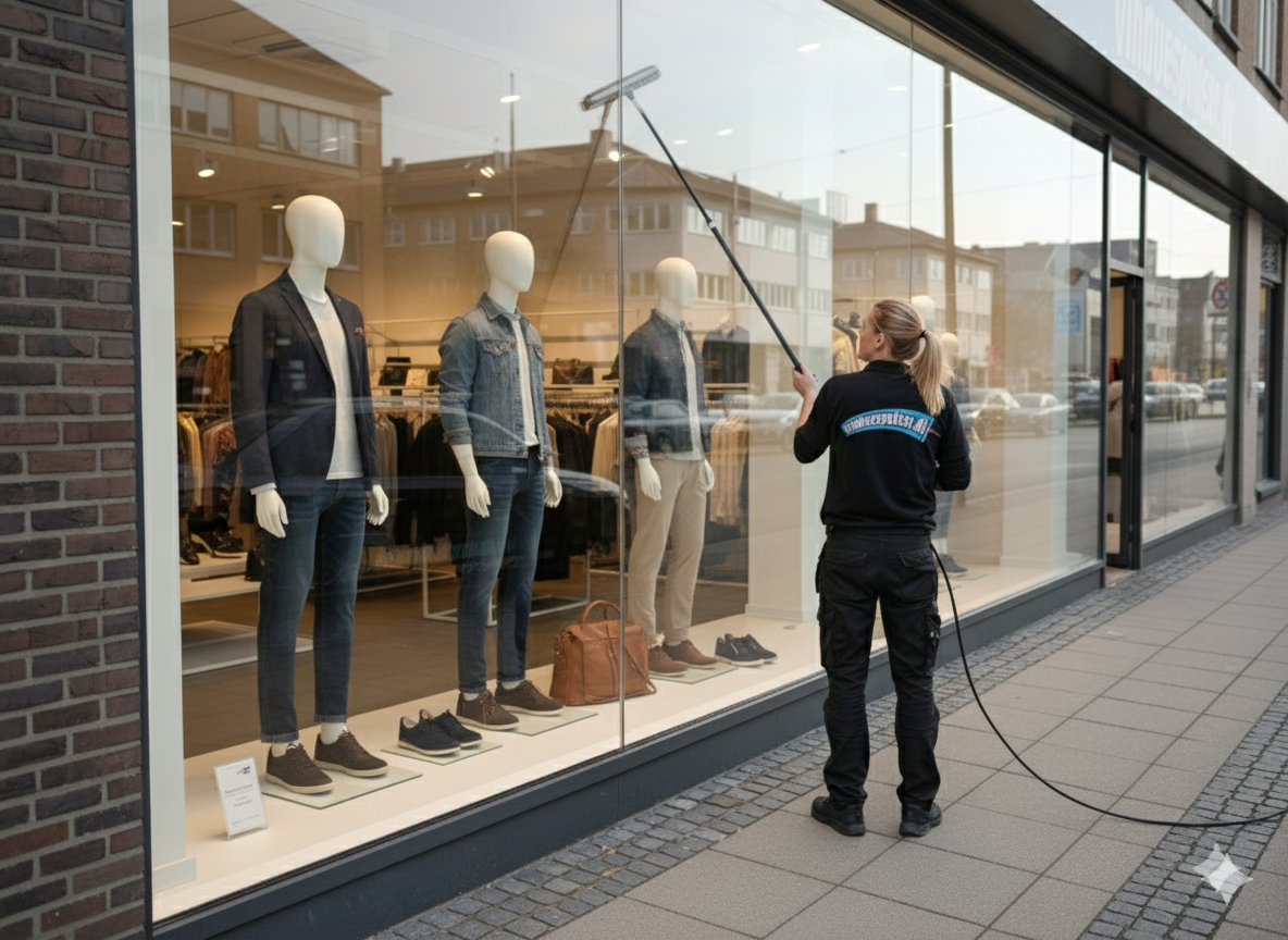 Vinduespudser der vasker butiksvindue