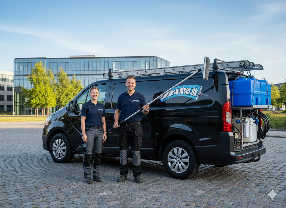 Vinduespudsere foran arbejdsbil